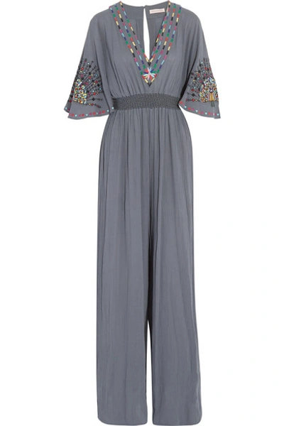 Shop Matthew Williamson Pampas Peacock Embroidered Cotton Jumpsuit In Dark Gray