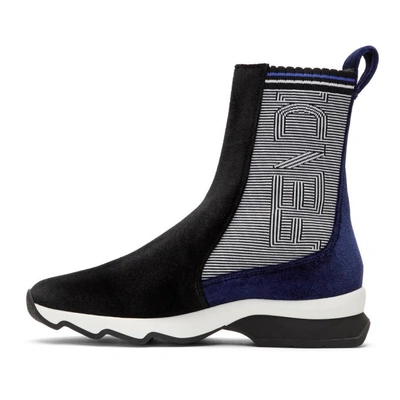 Shop Fendi Black & Blue Logo Velvet High-top Sneakers