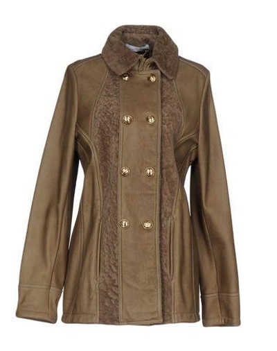 Shop Versace Double Breasted Pea Coat In Khaki