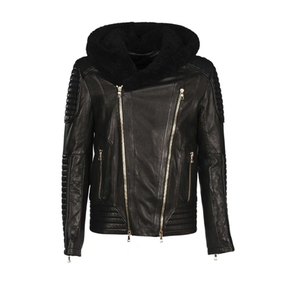 Shop Balmain Fur Collar Biker Jacket In Black