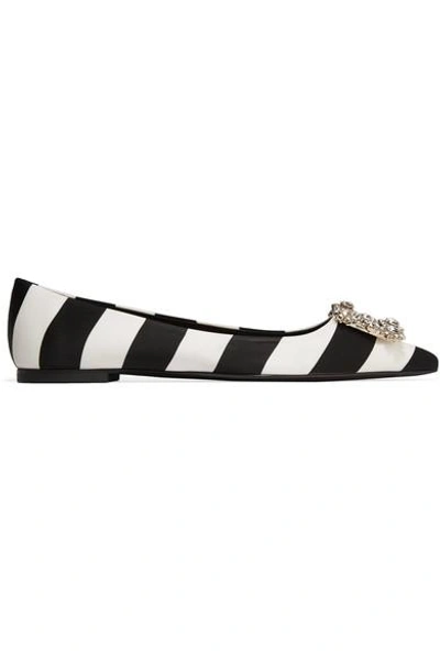 Shop Roger Vivier Crystal-embellished Striped Satin Point-toe Flats In Black