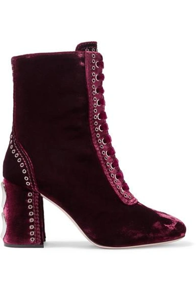 Shop Miu Miu Lace-up Embellished Velvet Ankle Boots