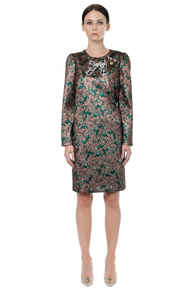 Shop Dolce & Gabbana Embellished Jacquard Dress In Green-bronze