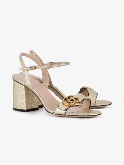 Shop Gucci Gold Tone Gg Marmont 75 Leather Sandals - Women's - Leather/metal In Metallic