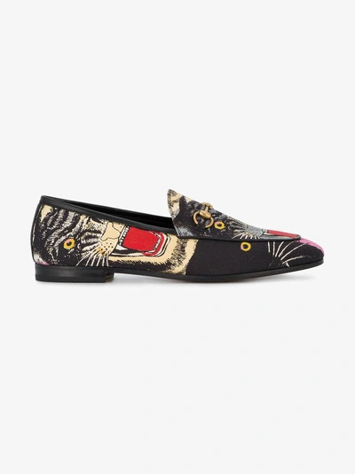 Shop Gucci Black Angry Cat Print Loafers