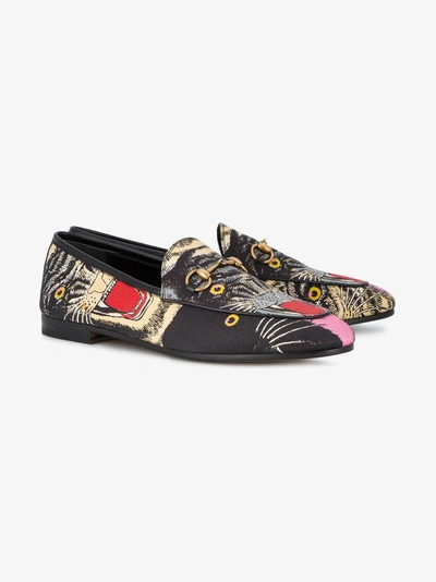 Shop Gucci Black Angry Cat Print Loafers