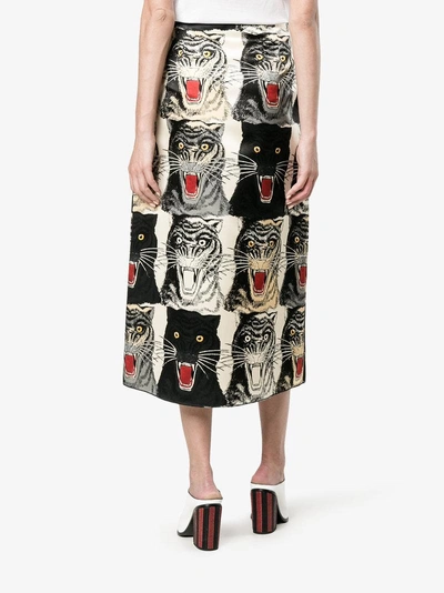 Shop Gucci Tiger Face Print Silk A-line Skirt In Nude&neutrals