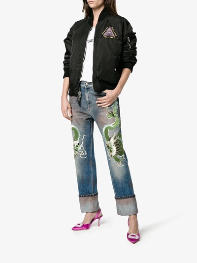 Shop Gucci Embroidered Dragon Jeans In Blue