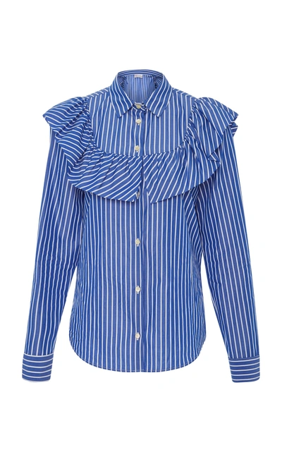 Shop Red Valentino Ruffle-trimmed Striped Blouse In Blue
