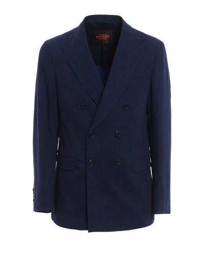 Shop Tod's Double Breasted Blazer In Blue