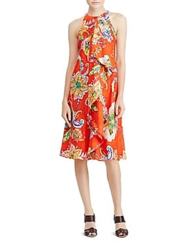 Shop Ralph Lauren Lauren  Ruffle Front Floral Paisley Dress In Orange Multi