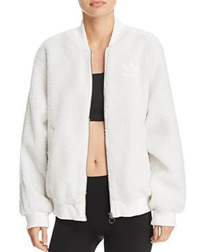 Shop Adidas Originals Fleece Bomber Jacket In White