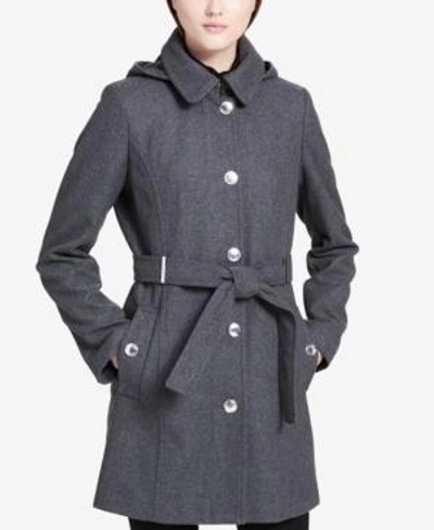 Shop Calvin Klein Petite Belted Hooded Walker Coat In Grey