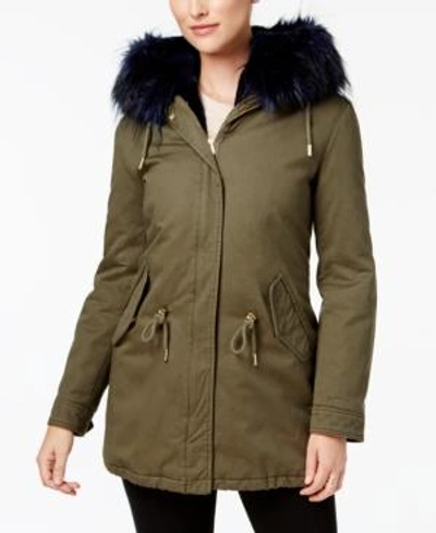 Shop Laundry By Shelli Segal Faux-fur-trim Parka In Olive/navy