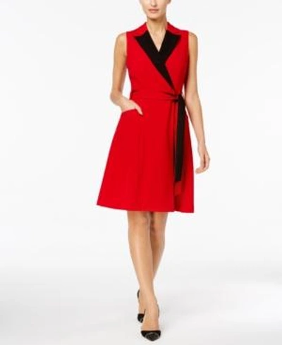 Shop Calvin Klein Colorblocked Wrap Dress, Regular & Petite Sizes In Red/black