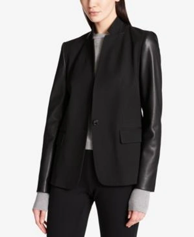 Shop Dkny Faux-leather-sleeve Blazer In Black