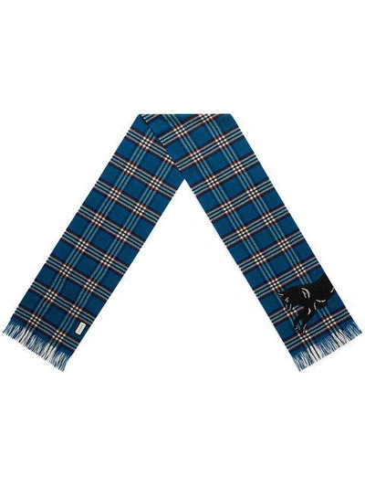 Shop Gucci Check Scarf With Wolf Embroidery - Blue