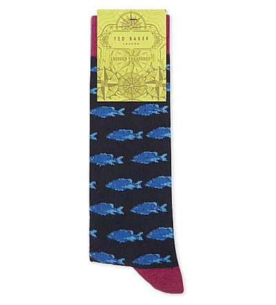 Shop Ted Baker Blinky Fish Print Cotton-blend Socks In Navy