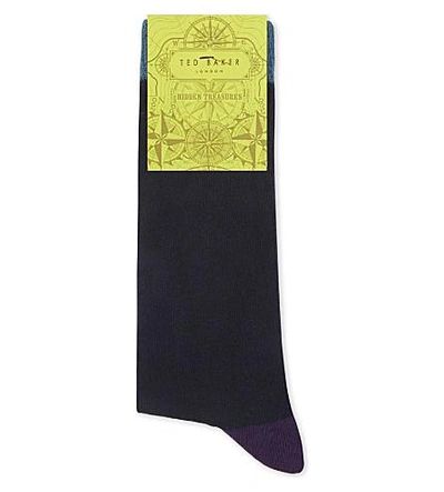 Shop Ted Baker Colour-block Organic Cotton-blend Socks In Navy