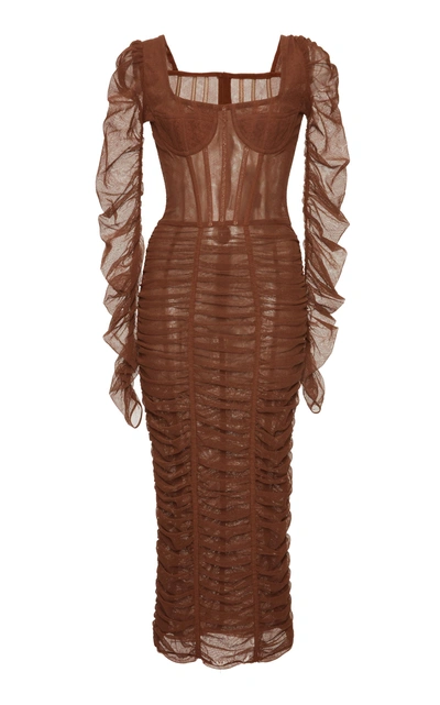 Shop Dolce & Gabbana Long Sleeve Ruched Dress In Brown