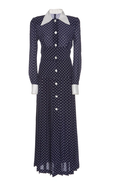 Shop Alessandra Rich Polka Dot Pleated Dress In Navy