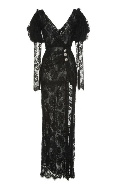 Shop Alessandra Rich Long Sleeve Lace Gown In Black