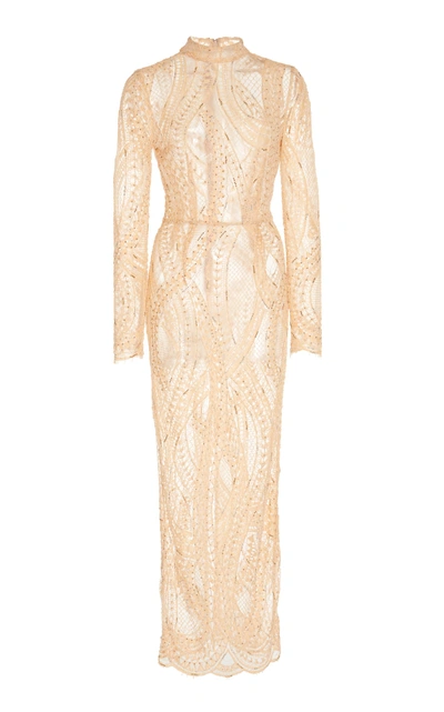Shop Alessandra Rich Crystal Embroidered Lace Dress In Neutral