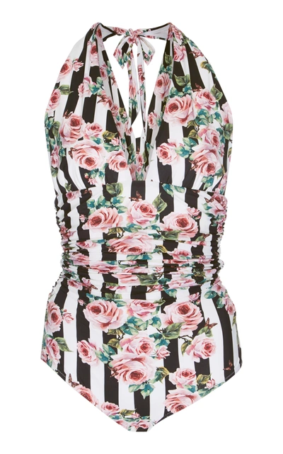 Shop Dolce & Gabbana Striped Floral Print One-piece In Multi