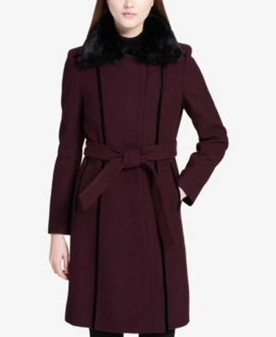 Shop Calvin Klein Faux-fur-collar Velvet-trim Walker Coat In Beet