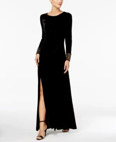 Shop Calvin Klein Velvet Jeweled-cuff Gown In Black