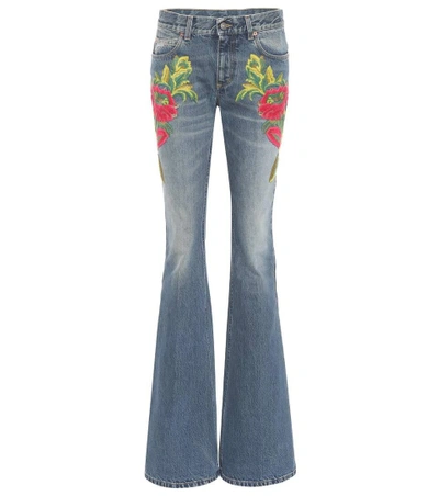 Shop Gucci Embroidered Flare Jeans In Blue