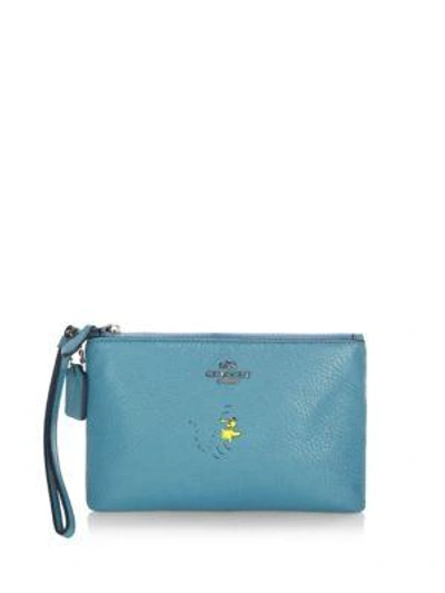 Shop Coach X Peanuts Leather Wristlet In Ocean