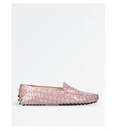 Shop Tod's Mocassino Croc-embossed Leather Driving Shoes In Pale Pink