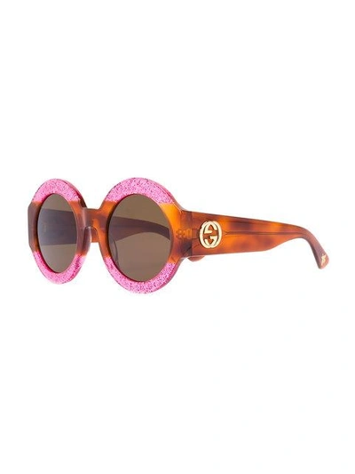 Shop Gucci Eyewear Glitter Tortoiseshell Round Sunglasses - Brown