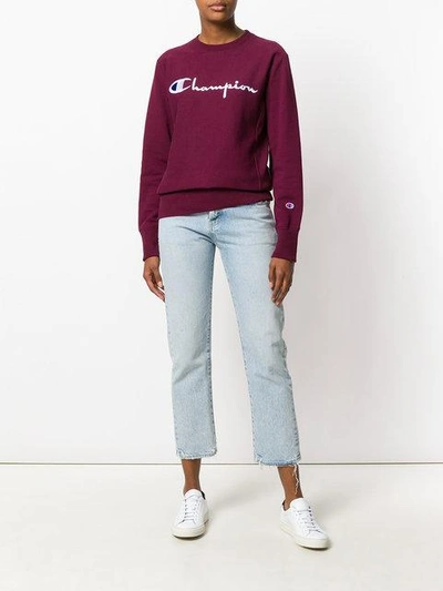 Shop Champion Logo Embroidered Sweatshirt - Pink In Pink & Purple