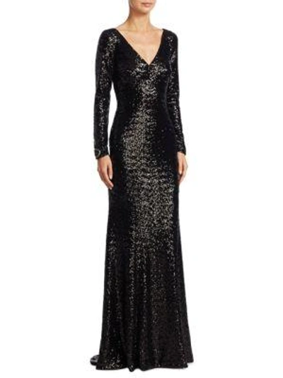 Shop Theia Long-sleeve Beaded Gown In Black