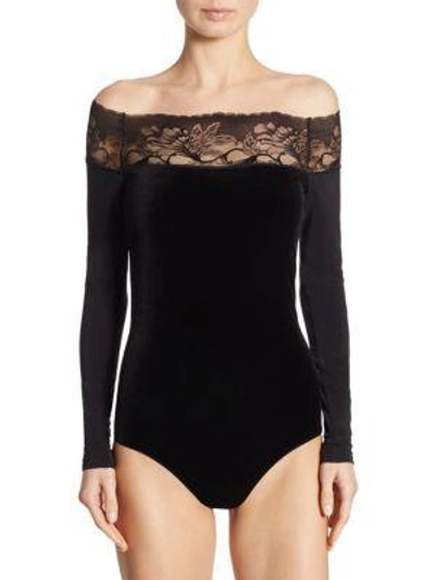 Shop Wolford Lace-trim Velvet Bodysuit In Black