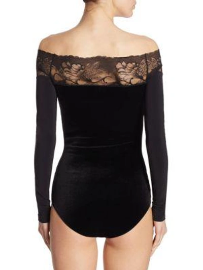 Shop Wolford Lace-trim Velvet Bodysuit In Black
