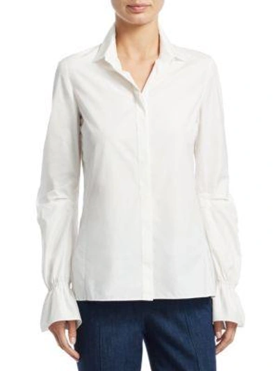 Shop Akris Bell-sleeve Cotton Poplin Button-down Shirt In Paper
