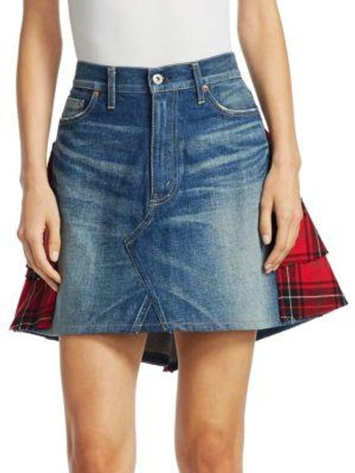 Shop Junya Watanabe Denim Tartan Plaid Skirt In Indigo-red