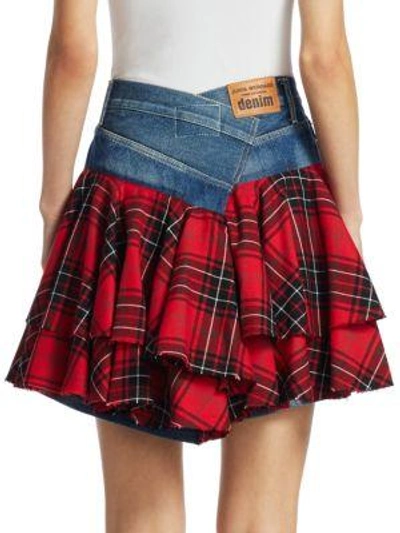 Shop Junya Watanabe Denim Tartan Plaid Skirt In Indigo-red