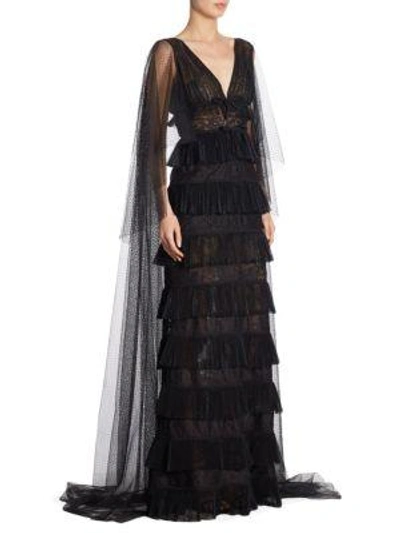 Shop Elie Saab Lace Tiered Gown In Black