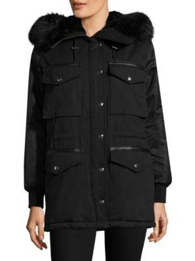 Shop The Kooples Leather Trim Twin-fabric Parka In Black