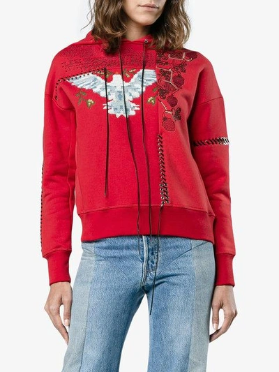 Shop Alexander Mcqueen Embroidered Cotton Hoodie In Red