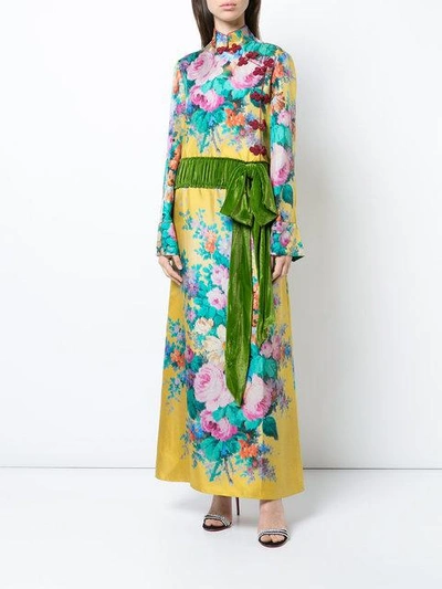 Shop Gucci Velvet Belt Floral Gown - Yellow