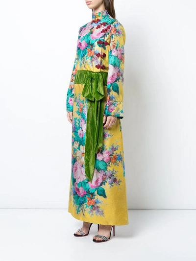 Shop Gucci Velvet Belt Floral Gown - Yellow