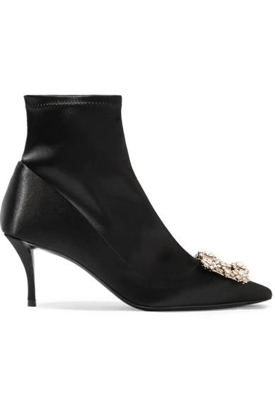 Shop Roger Vivier Flower Crystal-embellished Silk-satin Sock Boots In Black