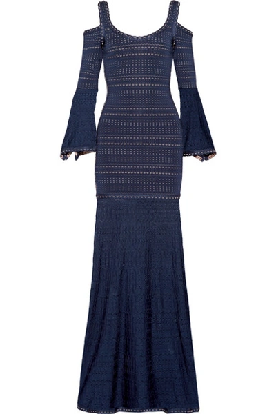 Shop Herve Leger Natasha Cold-shoulder Pointelle-paneled Jacquard-knit Gown