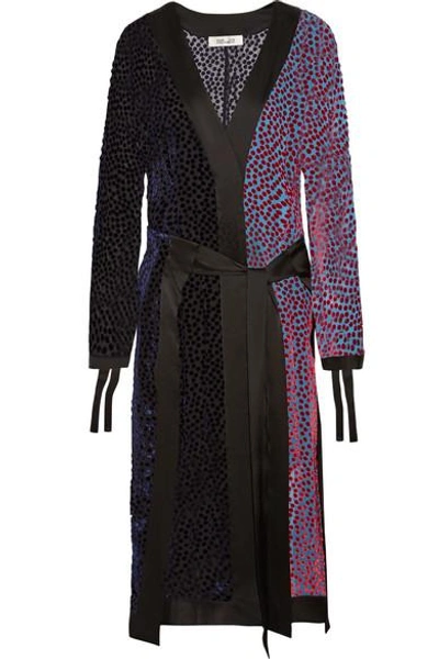 Shop Diane Von Furstenberg Satin-trimmed Flocked Chiffon Midi Dress In Black