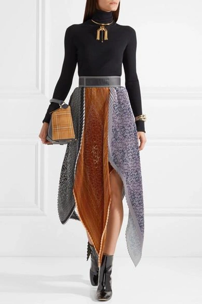 Shop Loewe Leather-trimmed Pleated Printed Satin Midi Skirt